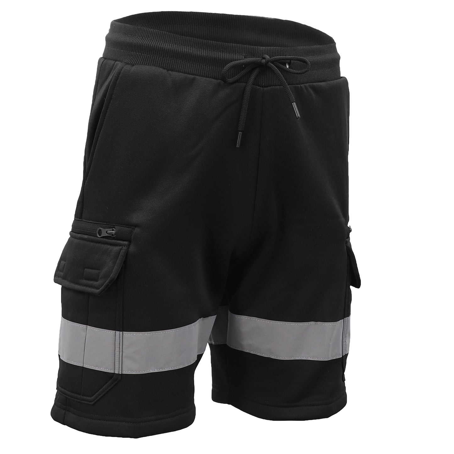 Hi Vis Fleece Work Cargo Shorts w Reflective Tape Workwear Tradie Utility Pants, Black, 3XL
