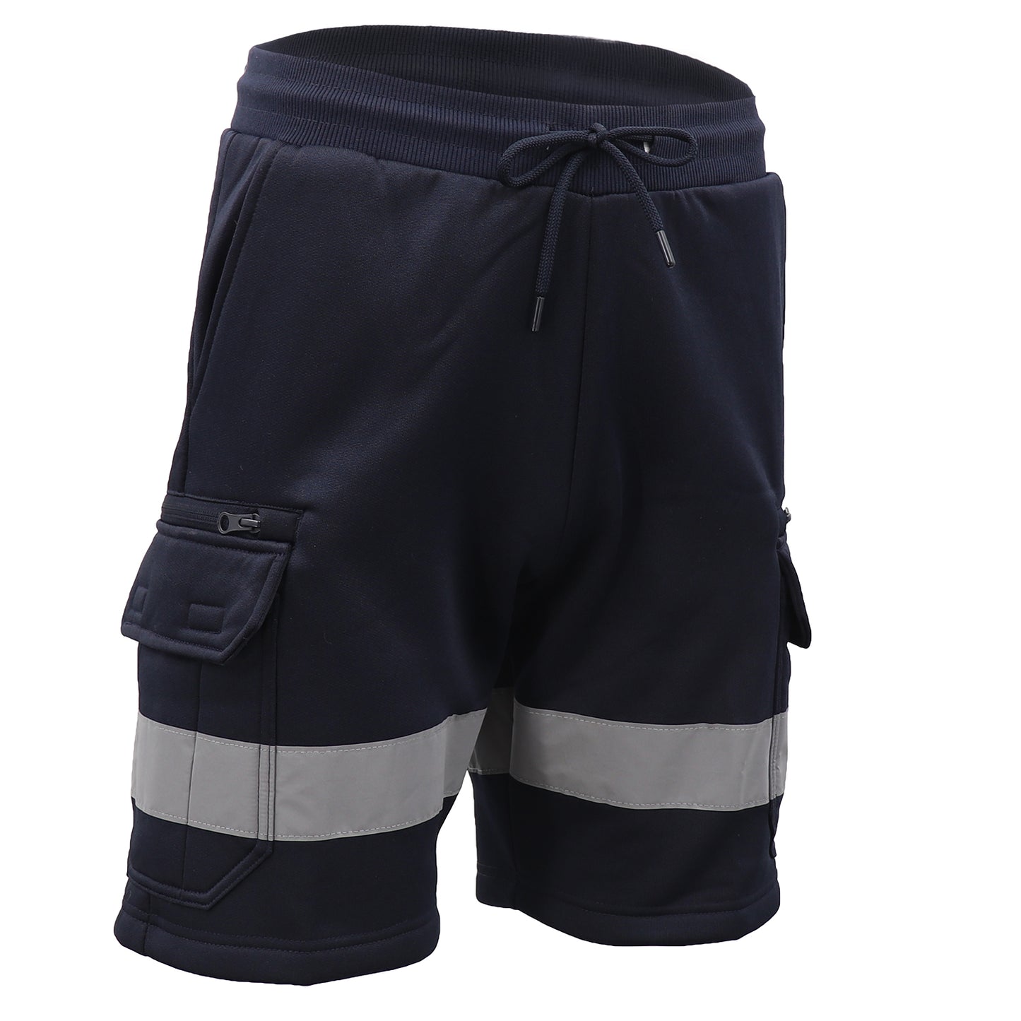 Hi Vis Fleece Work Cargo Shorts w Reflective Tape Workwear Tradie Utility Pants, Navy, 3XL