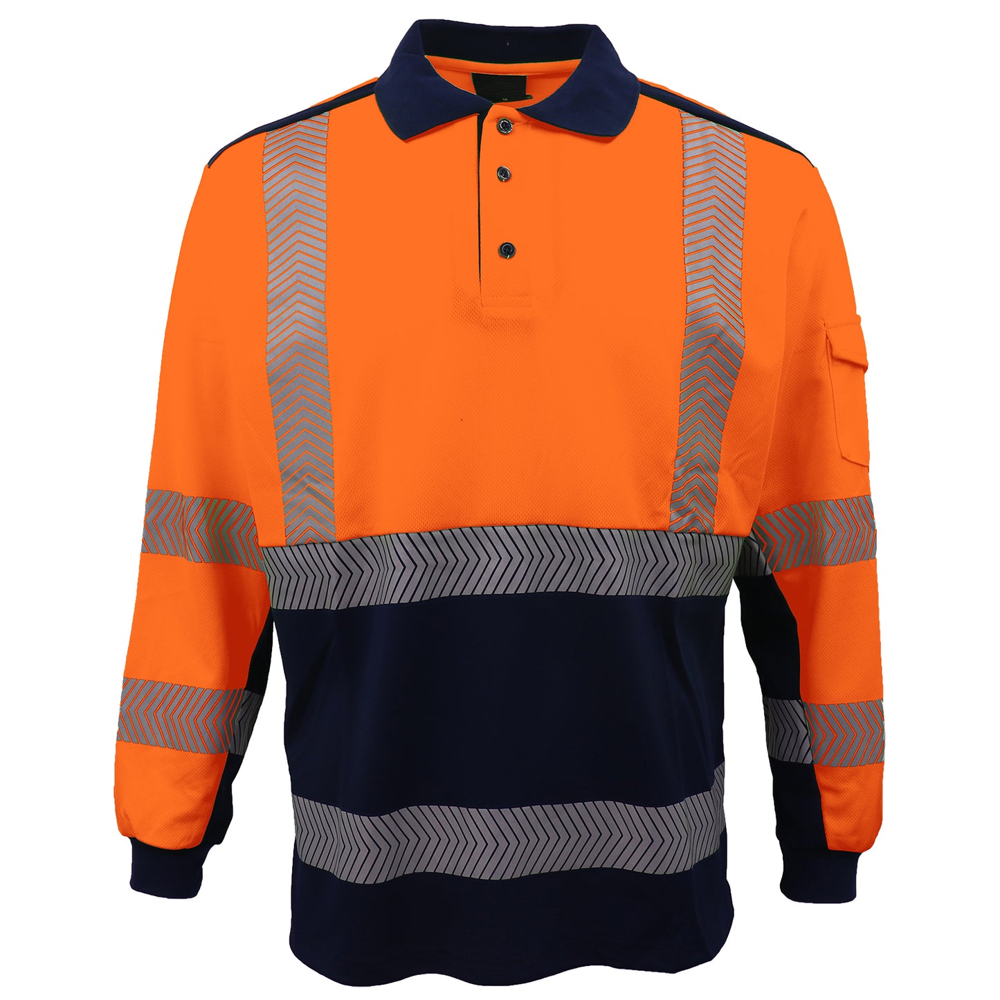 HI VIS Long Sleeve Polo Shirt Reflective Tape Safety Tradie Work Wear Tops Tee, Fluro Orange / Navy, L