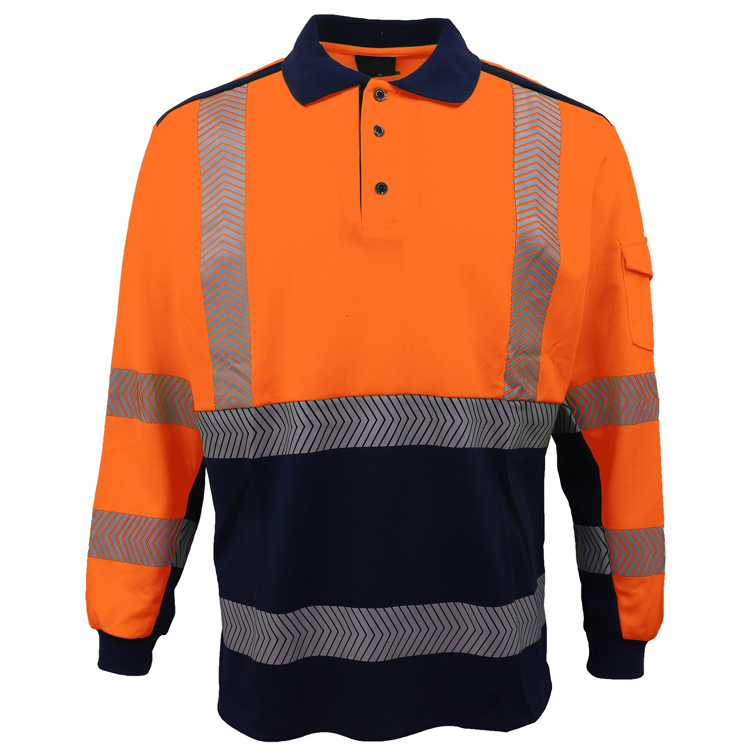 HI VIS Long Sleeve Polo Shirt Reflective Tape Safety Tradie Work Wear Tops Tee, Fluro Orange / Navy, L