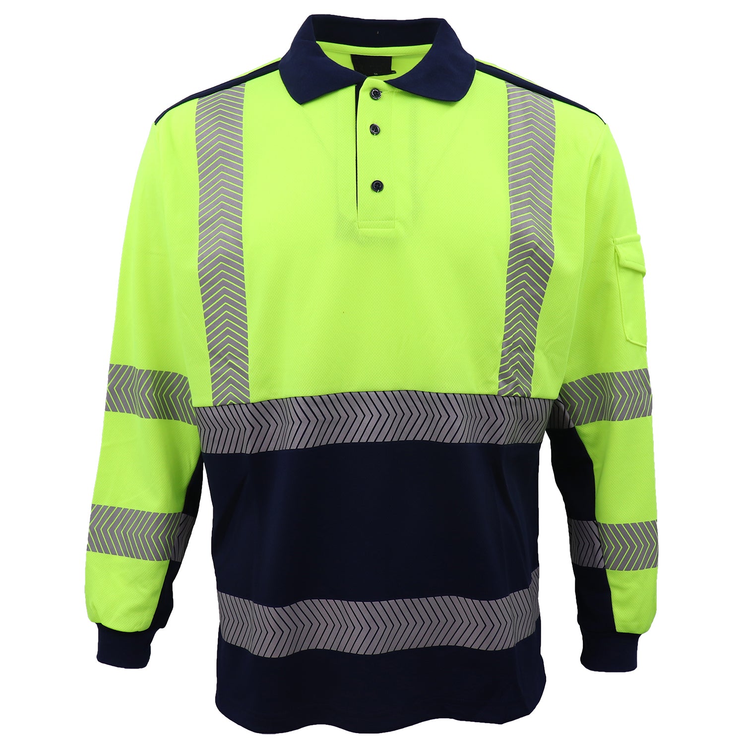 HI VIS Long Sleeve Polo Shirt Reflective Tape Safety Tradie Work Wear Tops Tee, Fluro Yellow / Navy, L