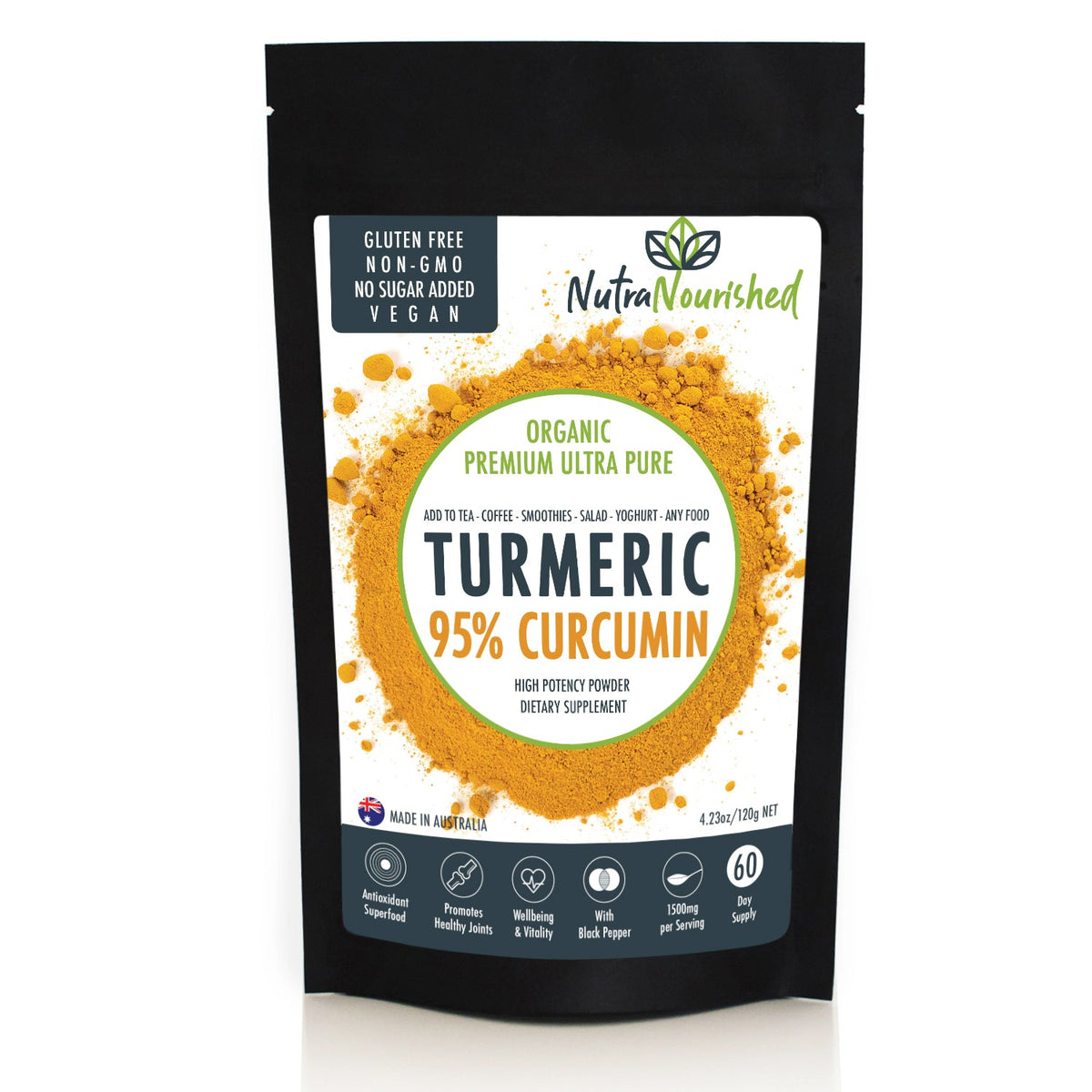 Pure Organic 95% Curcumin Powder (120g/2 months supply) - 1500mg of Turmeric Extract Buffered with Black Pepper