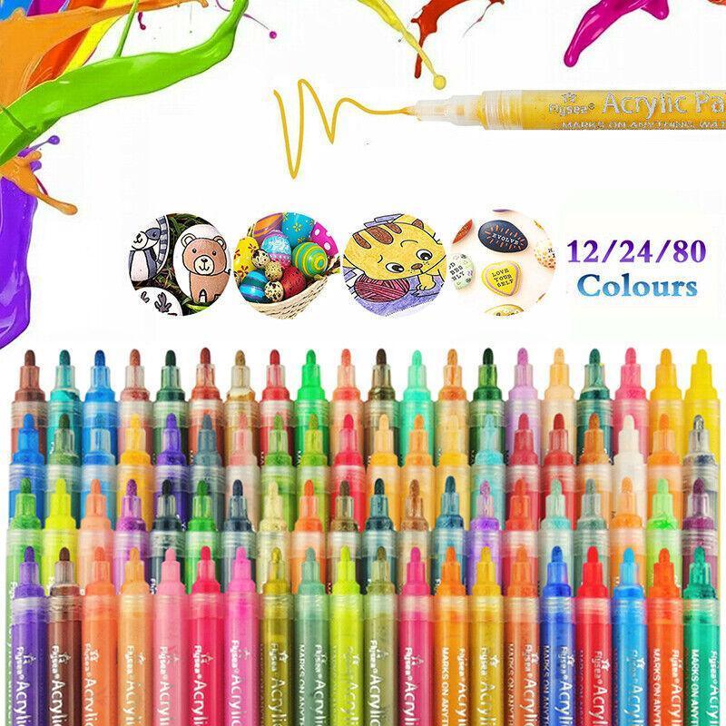 Flysea 12-80 Colours Acrylic Paint Pens Painting Stone Ceramic Glass Marker2-3Mm - 12-Colour Set
