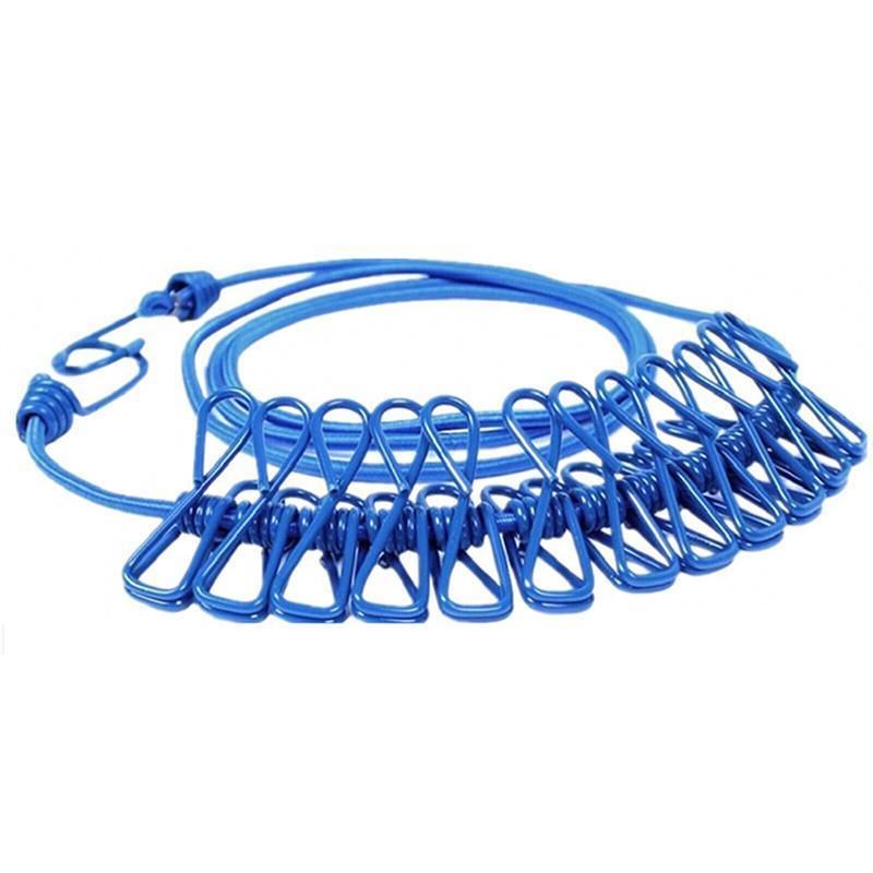 12 Clips Camping Rope Peg Washing Clothes Line Travel clothesline Portable - Blue