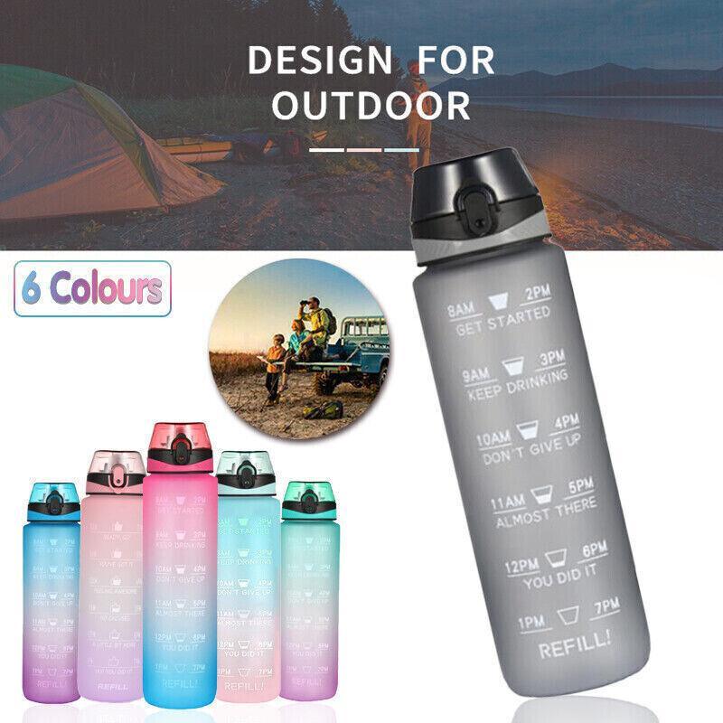 1L Water Bottle Motivational Drink Flask With Time Markings Bpa Free Sport Gym - Blue+Pink