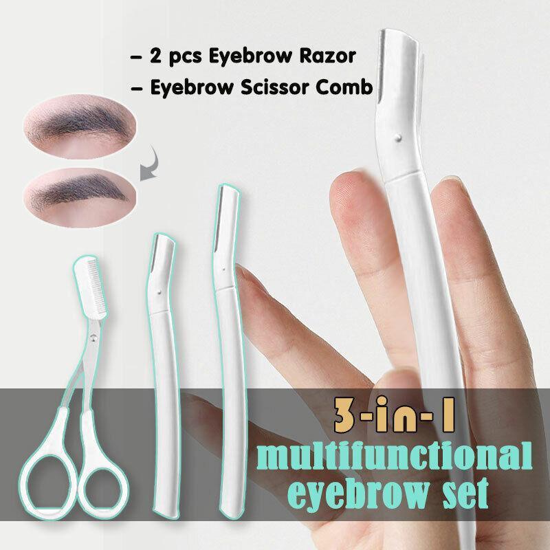 3Pcs Eyebrow Razor Set Facial Hair Remover Dermaplaning Shaving Tool Kit - Clear eyebrow razor*2+Scissor comb