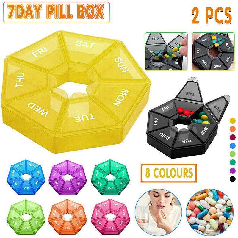 Weekly Pill Organiser 7 Day Medicine Box Tablet Case Dispenser 2 Pack - Yellow