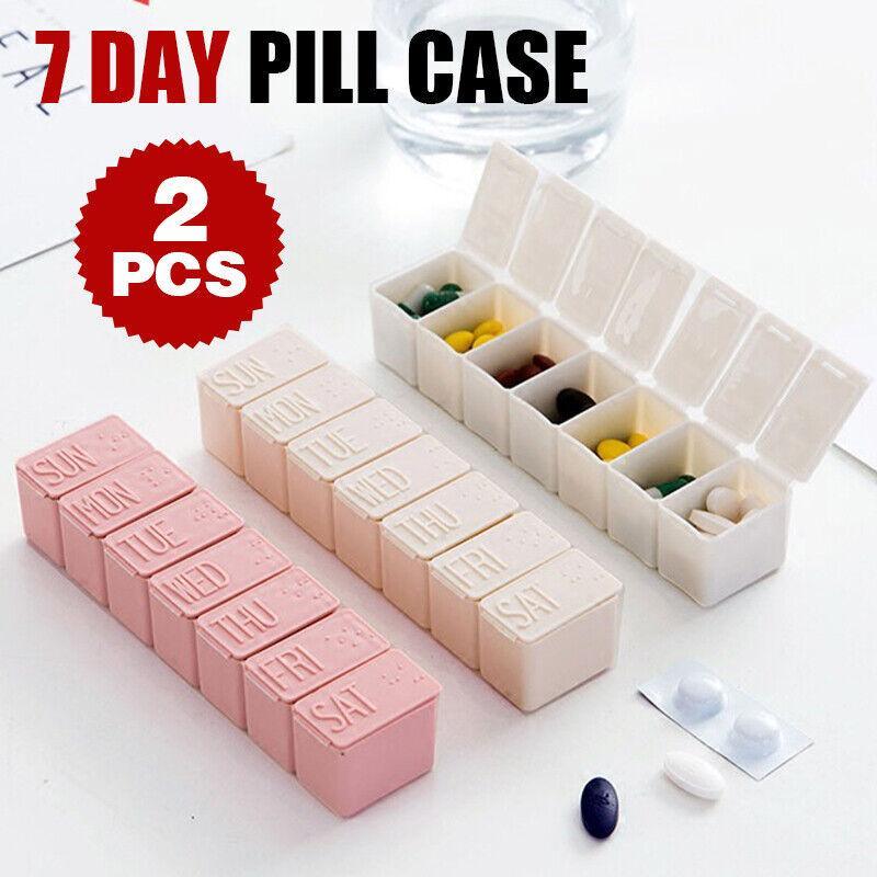 2X 7 Day Weekly Pill Box Medicine Tablet Organizer Dispenser Container Case - Beige