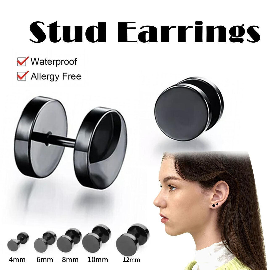 Pair Black Flat Round Barbell Plug Stud Earrings Stainless Steel Mens Gym 4-12Mm - 10mm