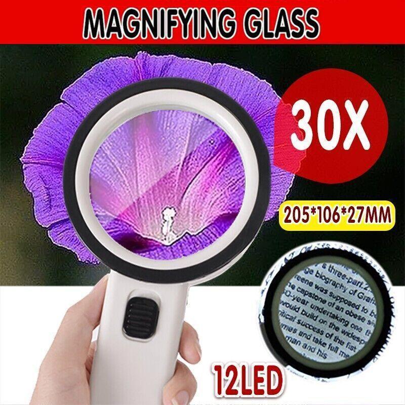 Handheld Magnifying Glass Led Light 30X High Powe Illuminated Magnifier Jumbo