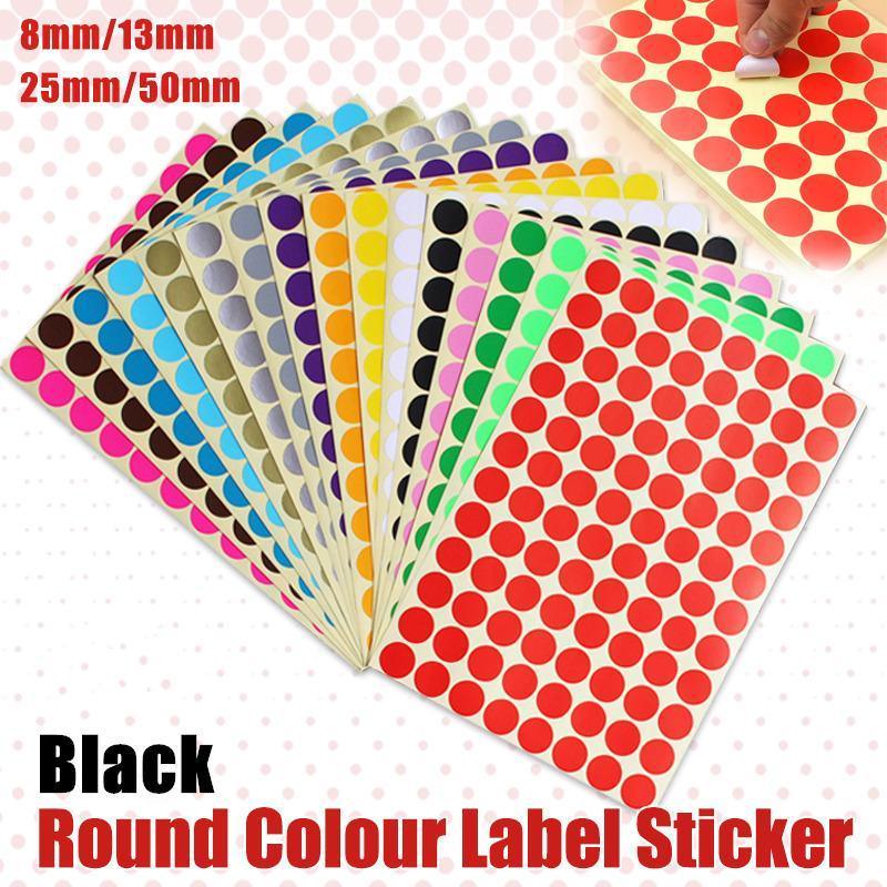 8/13/25/50mm Colour Sticker Dots Adhesive Round Labels Circular Scrapbooking Black - 8mm 260 Dots - 5 Sheets