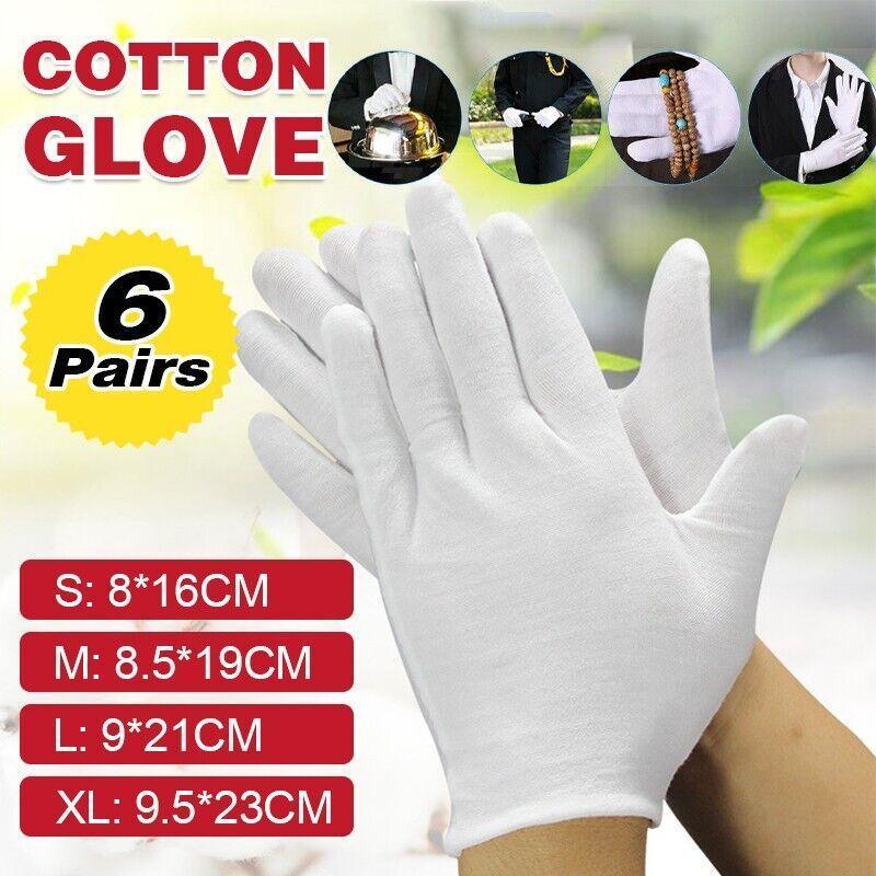 6 Pairs Handling Work Hands Protector Soft Costume Jewellery Cotton White Gloves - XL