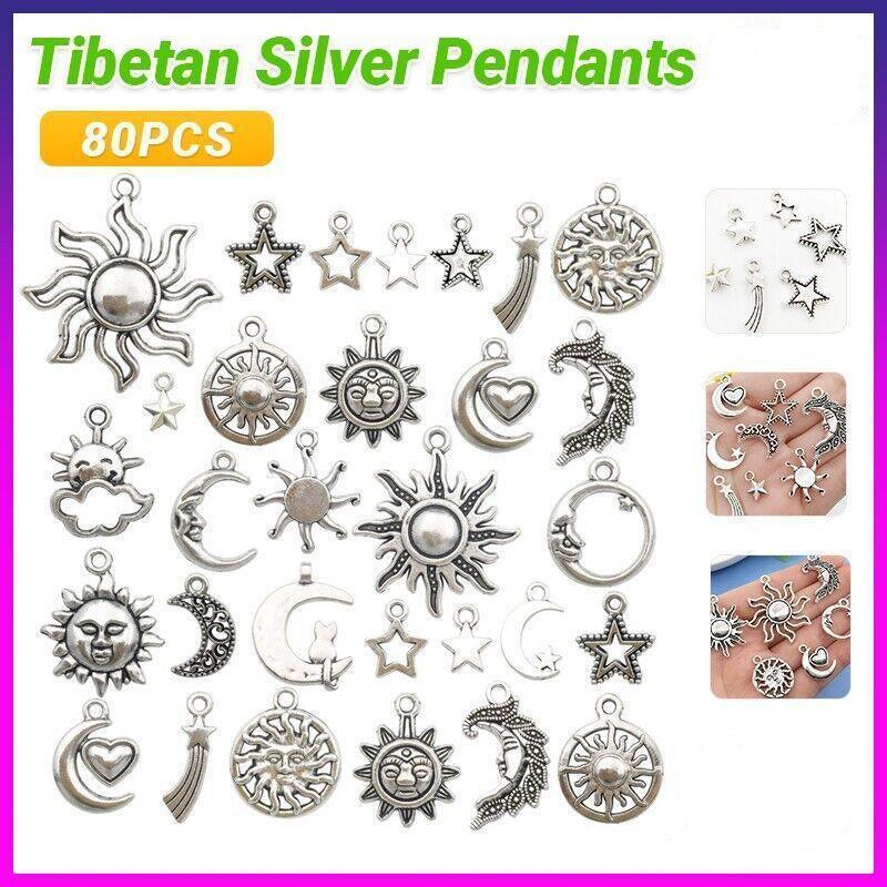 80Pcs Mixed Tibetan Silver Charms Pendants Jewelry Making Findings Diy Craft