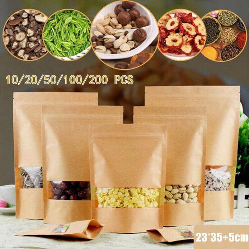 10-200x 23*35+5cm Stand Up Bag Kraft Paper Seal Packaging Window Zip Lock Pouch - 50 PCS