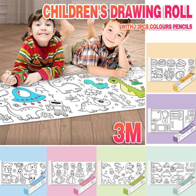 3M DIY Colouring Paper Roll with 12 Colour Pencils Cartoon Doodle Set - Transportation (With 12PCS Colored Pencils