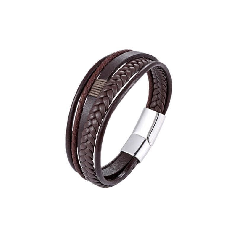 Men Stainless Steel Buckle Leather Bracelet Bangle Cuff Vintage Wristband Rope - Coffee&Silver