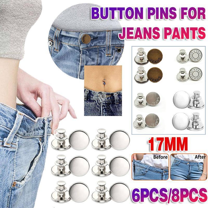 8X Button Pins For Jeans Pants No Sew Instant Adjustable Jean Button Replacement - 6sets Silver Button Pins
