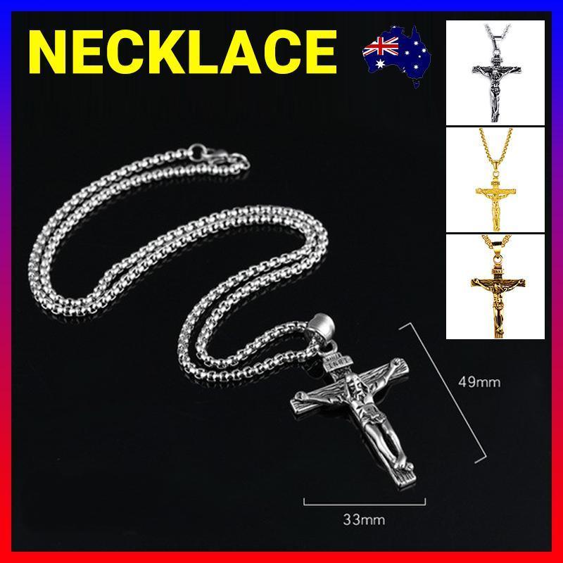 Men Stainless Steel Gold Silver Black Jesus Crucifix Pendant Chain Necklace Silver - with 3*55cm rolo chain