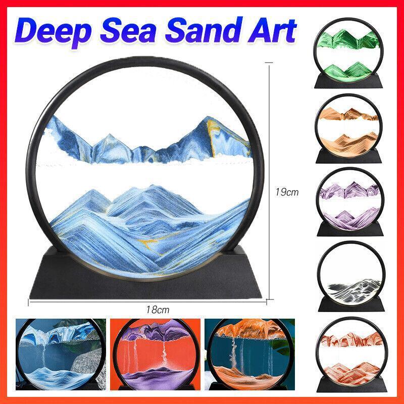 Moving Sand Art Picture Round Glass Quicksand Painting 3D Deep Sea Sandscape Au - Black