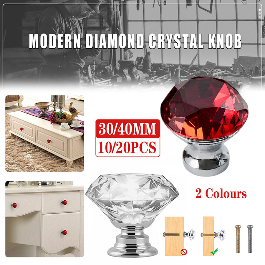 Door Knobs Handles Clear Crystal Diamond Glass Kitchen Cupboard Cabinet Pulls 40MM - Clear-10PCS