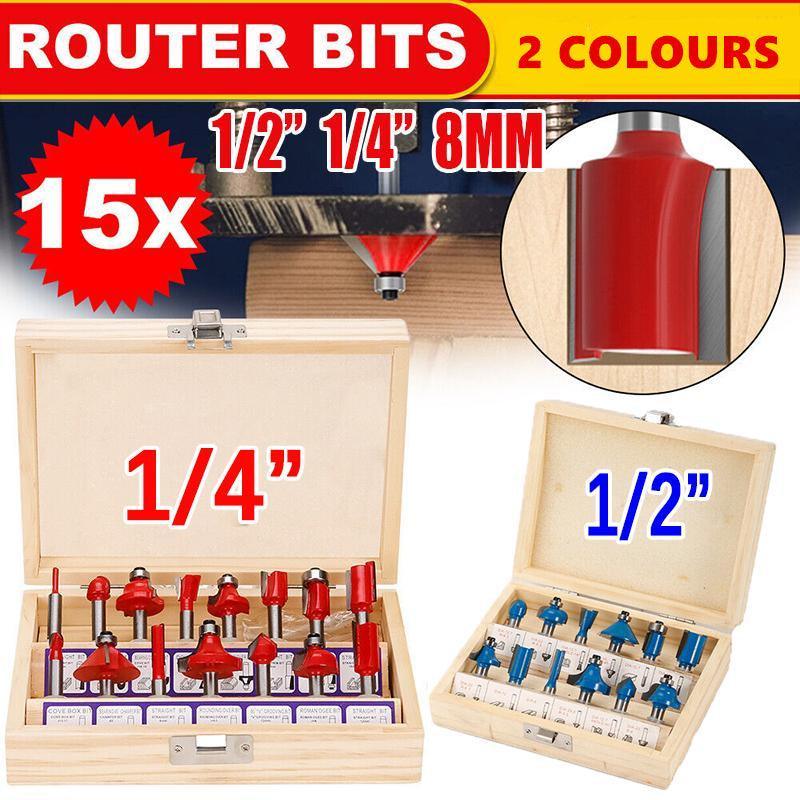 15X 1/2 1/4 inch Router Bits Set Woodworking Tool Cutter Shank Tungsten Carbide - Blue 1/4