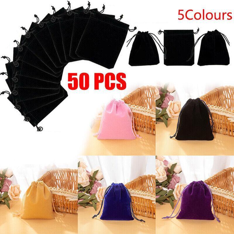 50X Small Velvet Cloth Drawstring Bags Gift Bag Jewelry Ring Pouch Earring Favor 9x12 - Black