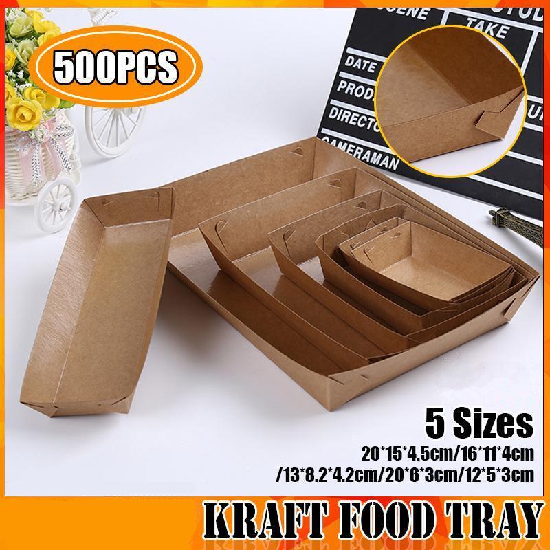 500PCS Kraft Cardboard Food Disposable Tray Brown Party Chips Takeaway Container - 3# 16*11*4cm