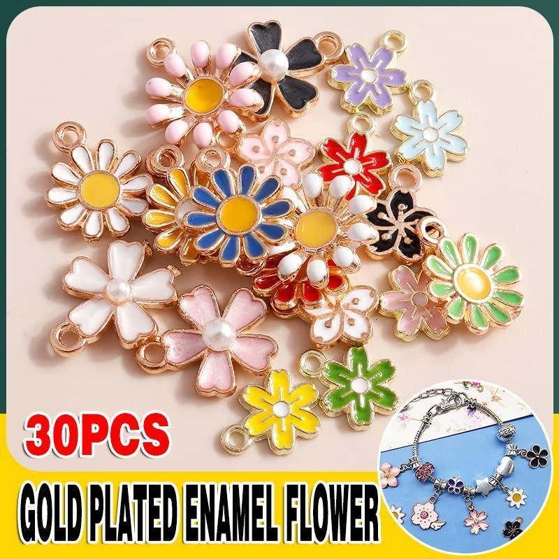 30PCS Assorted Gold Plated Enamel Flower Charms Pendant DIY For Jewelry Making
