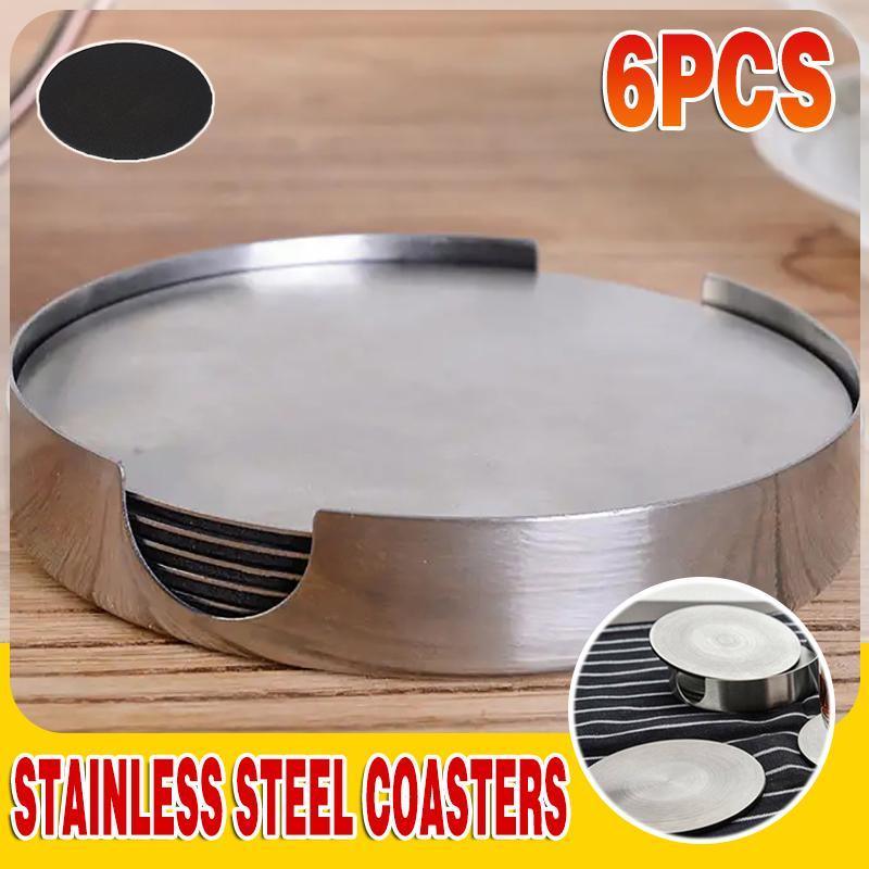 Stainless Steel Drink Coaster Set 6PCS Heat Resistant Cup Pads With Holder