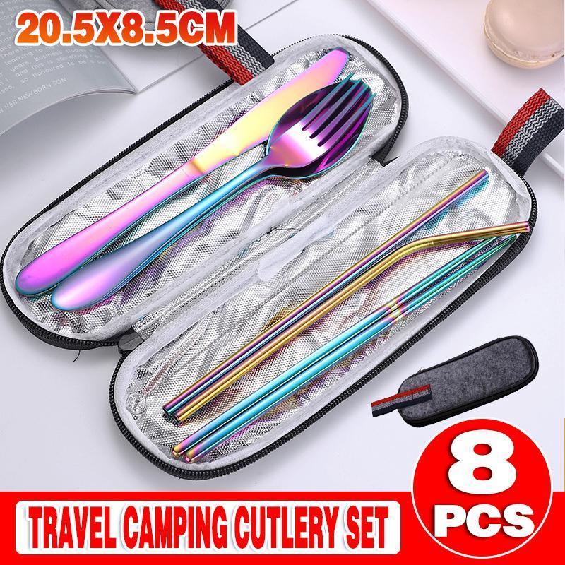 8PCS Portable Stainless Steel Travel Cutlery Set with Case for Camping Picnic Office