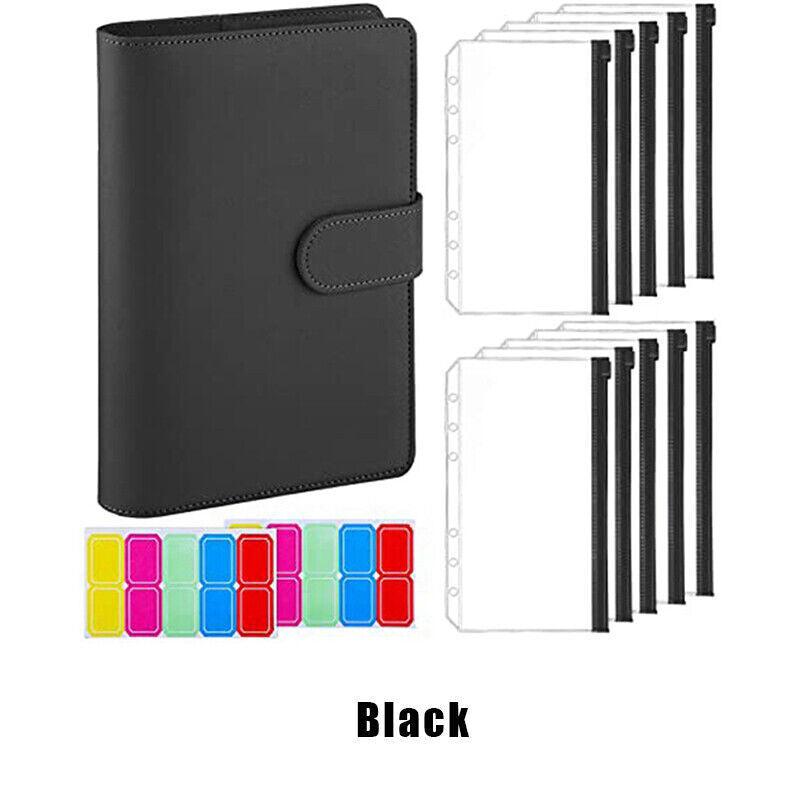 A6 Pu Leather Binder Pockets Cash Envelope Planner Notebooks - Black