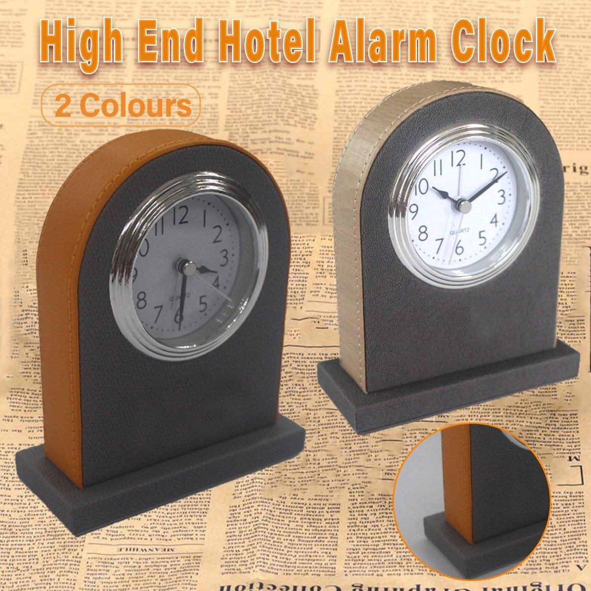 Classic Hotel Alarm Clock Quartz Movement Faux Leather Design with Clear Display - Brown
