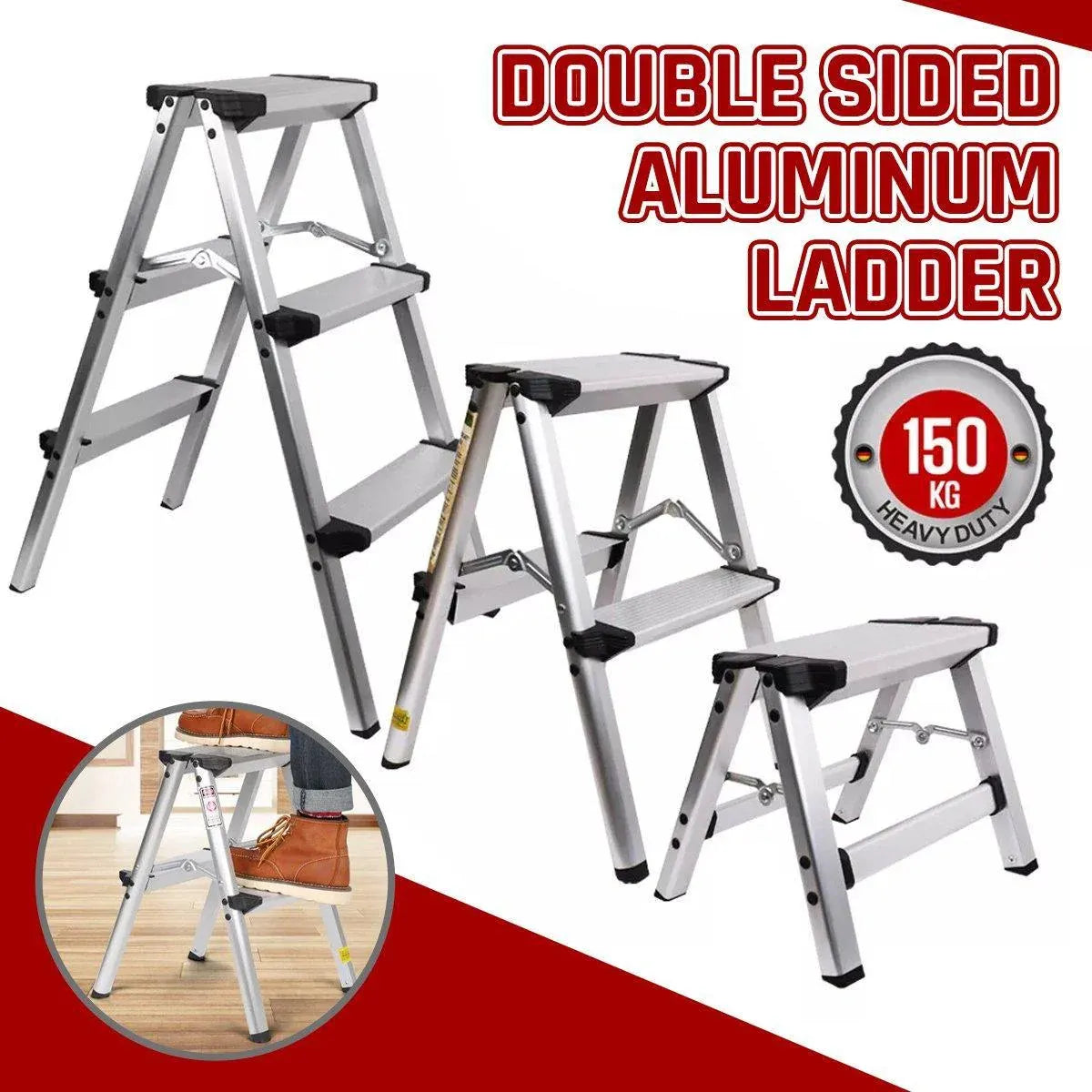 Portable Aluminium 1-3 Step Folding Ladder Anti-Slip Frame Stool for Home Use - 2 Step Folding Ladder