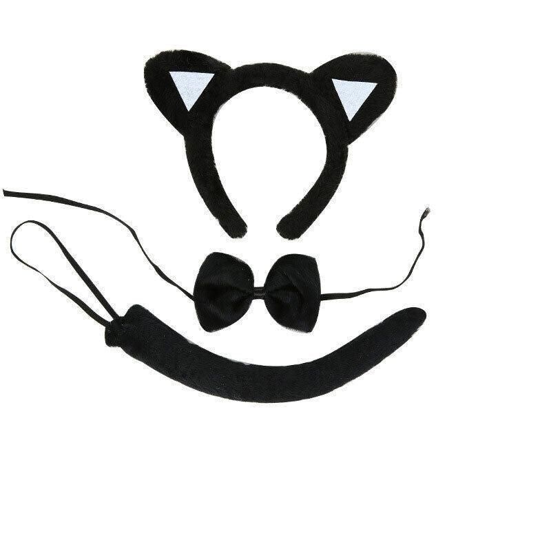 Animal Costume Dress Up Set 3 Piece Tail Bowtie Ears for Party Cosplay Outfit - Black Cat