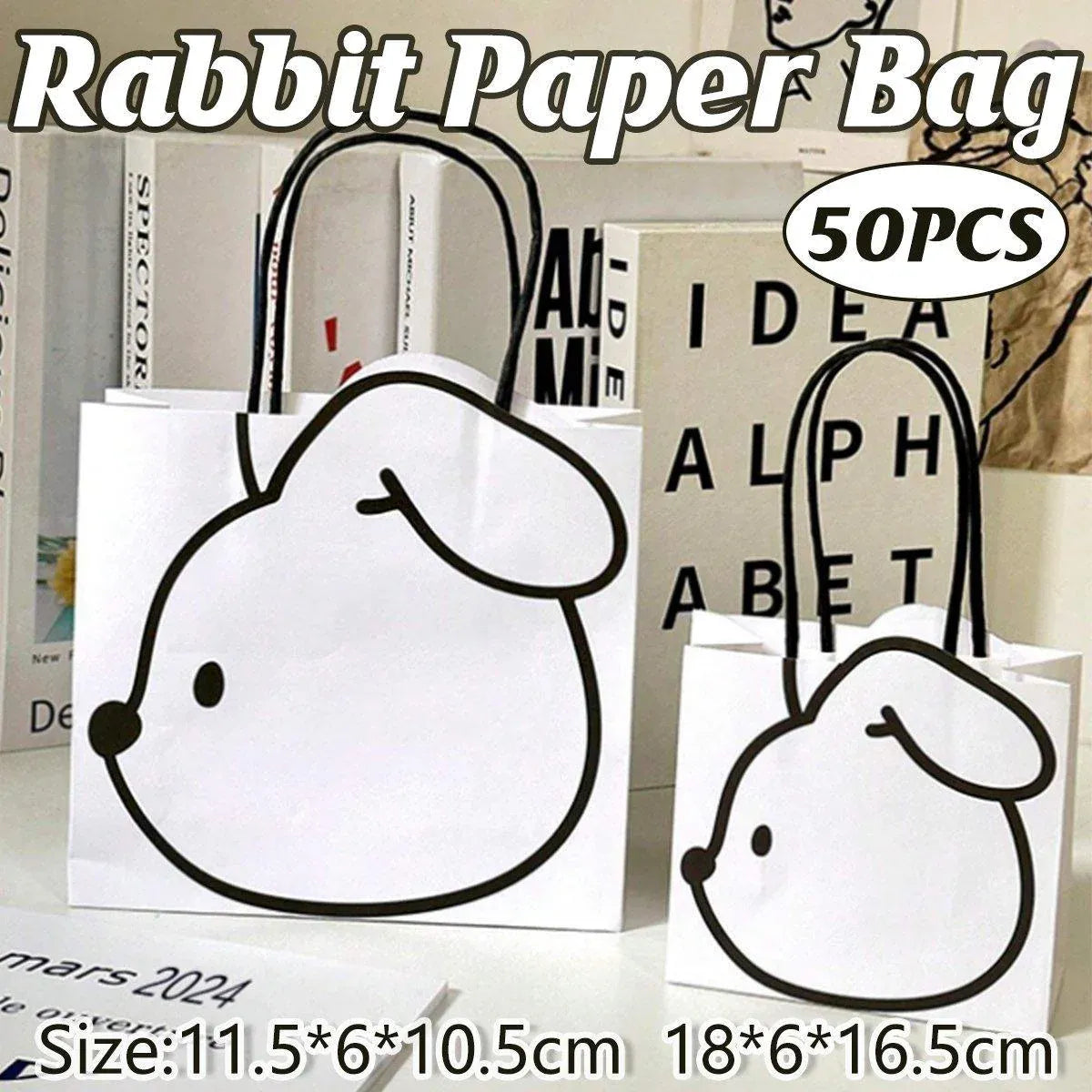 50pcs Black and White Cartoon Rabbit Paper Bags Simple Gift Packaging Set - L