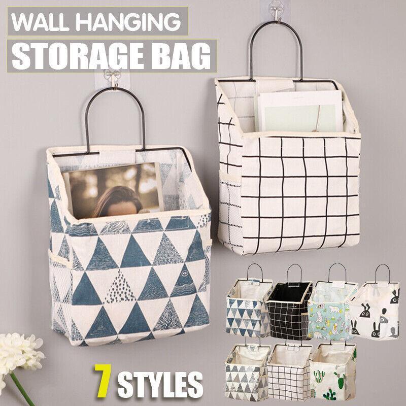 Wall Hanging Storage Bag Home Wardrobe Organiser Pouch Book Holder Phone Pocket - Blue Triangle