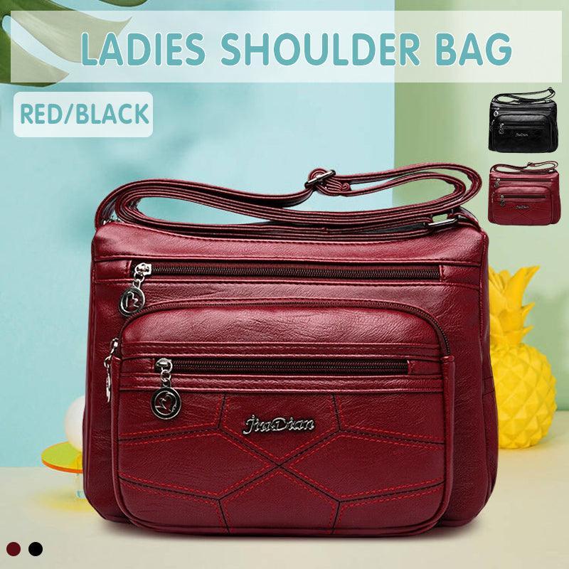 Multi Pocket Women Shoulder Bag Leather Crossbody Handbag Everyday Messenger - Red