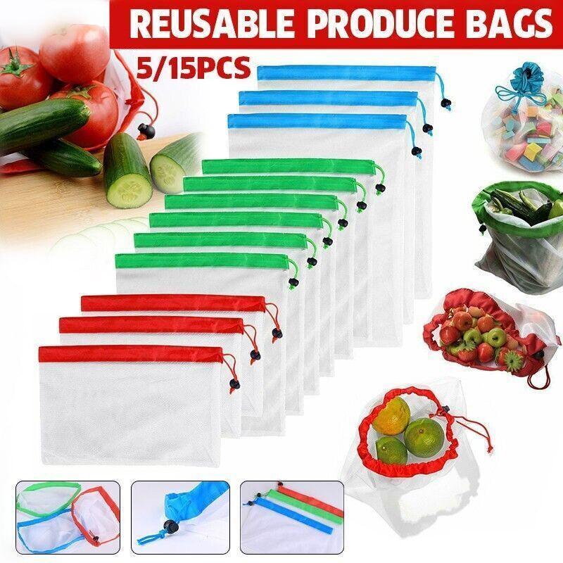 Up 15X Eco Friendly Reusable Mesh Produce Bags Superior Double Stitched Strength - 5PCS Small Red