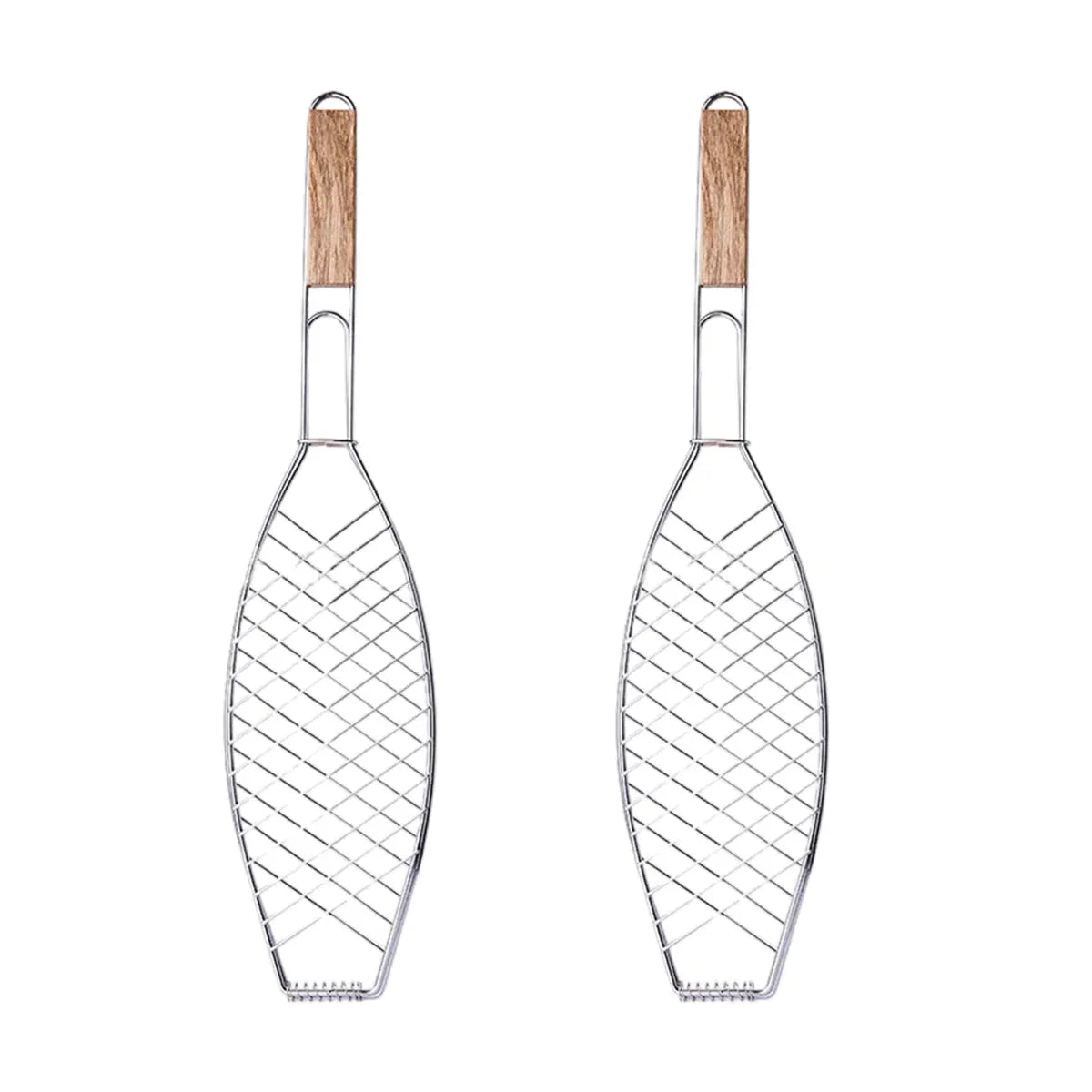 Barbecue Net Clamp Iron Wire Mesh with Wooden Handle for Camping Grill - 43x15cm
