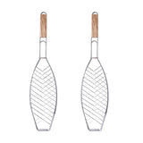 Barbecue Net Clamp Iron Wire Mesh with Wooden Handle for Camping Grill - 43x15cm