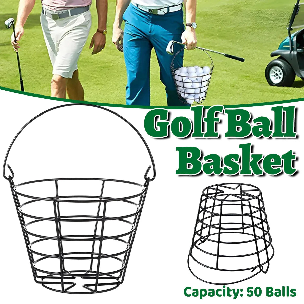 Heavy Duty Iron Golf Ball Basket 50 Ball Range Carrier with Handle Black
