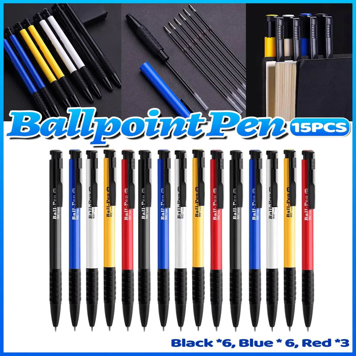 15Pcs Push Button Ballpoint Pen 3 Colour Mixed Office School Stationery Pens