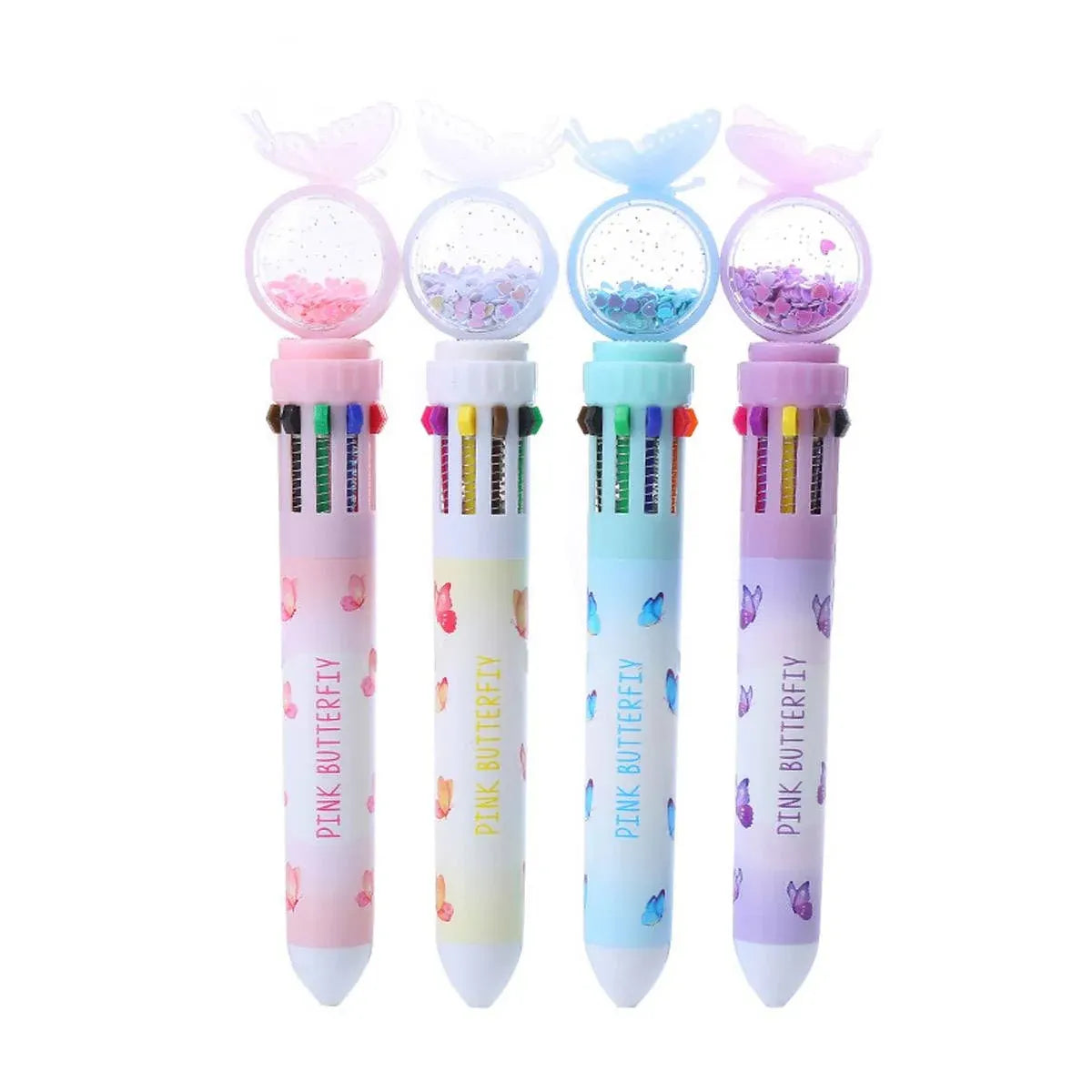 Butterfly 10 Colour Press Ballpoint Pen Sequin Dome Stationery 0.7mm - 4PCS