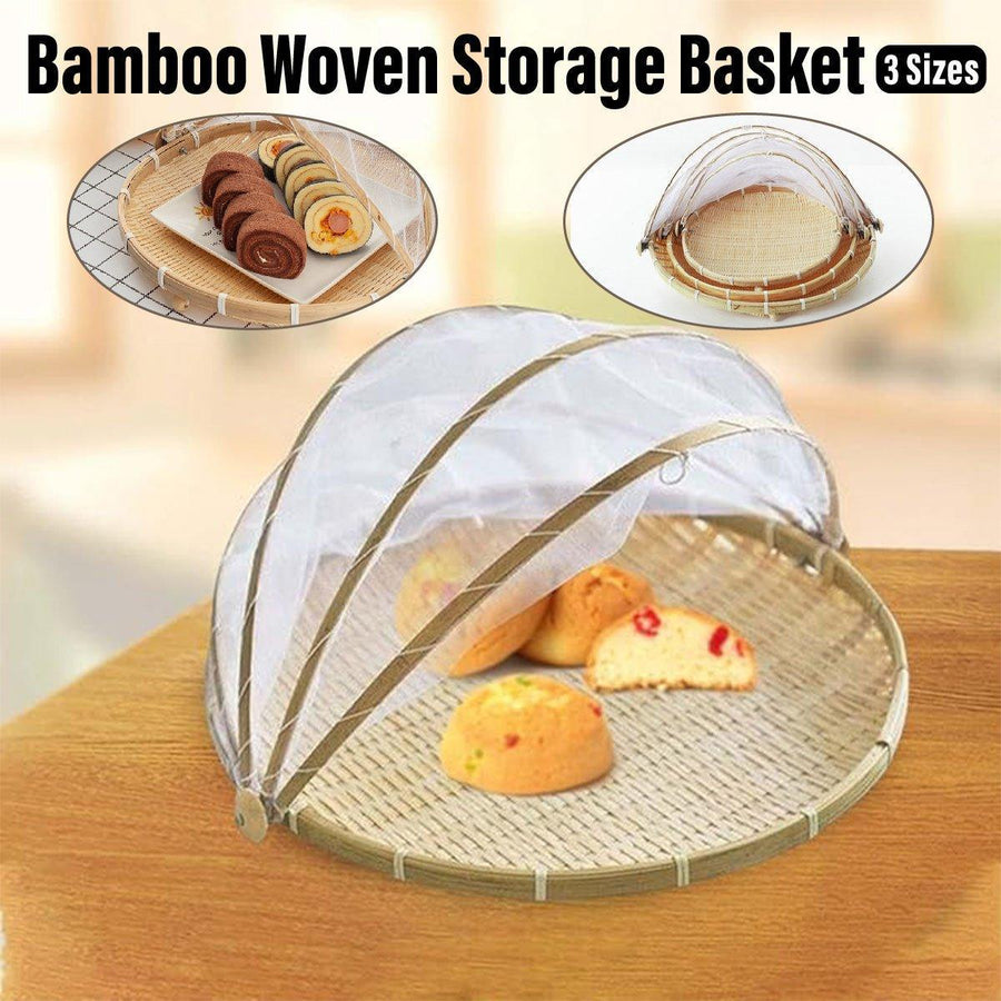 Bamboo Storage Basket with Mesh Cover for Fruit Vegetables Food Buns Kitchen - 42CM