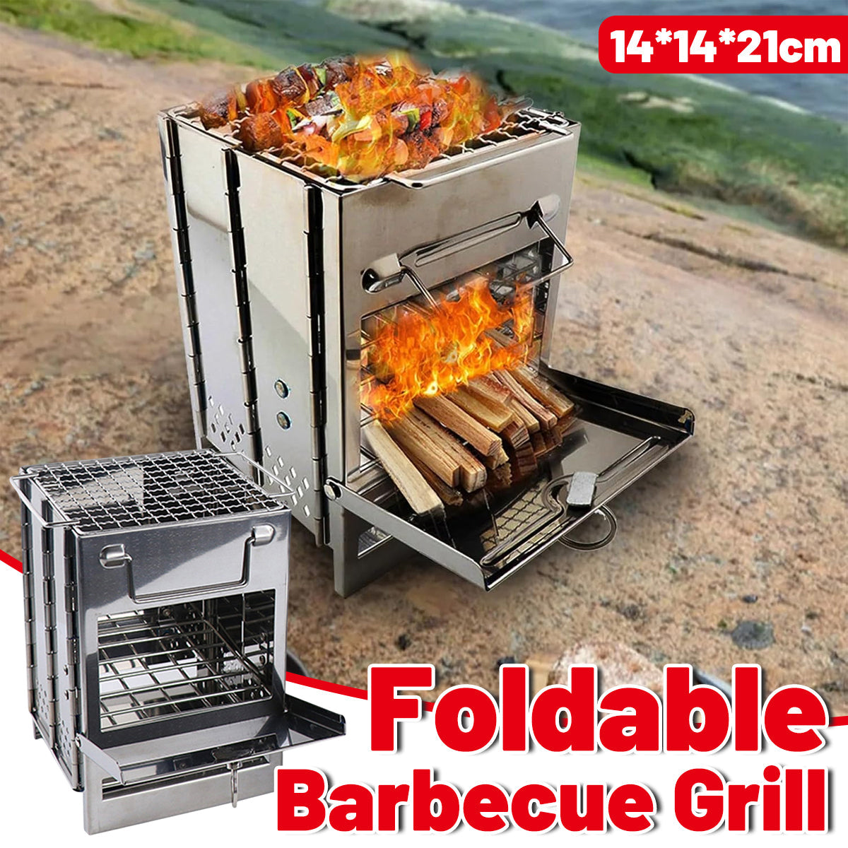 Outdoor Camping Mini Folding Wood Burning Stove Picnic Stainless Steel BBQ Grill