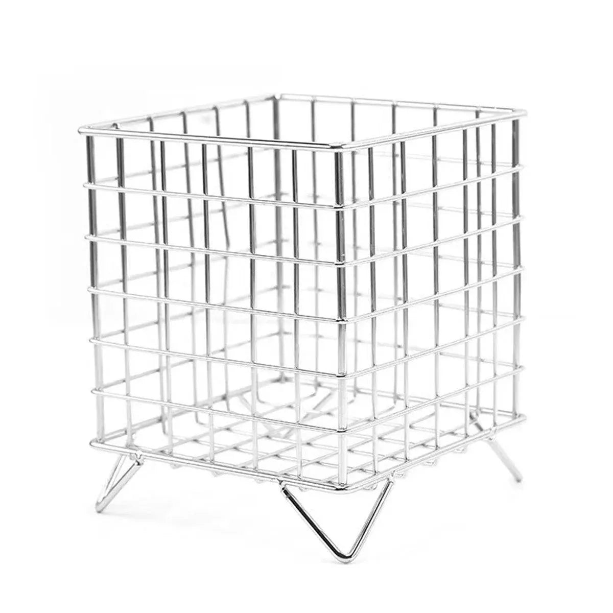 Large Wrought Iron Storage Basket Desktop Organizer Box for Dormitory Cosmetics - Silver