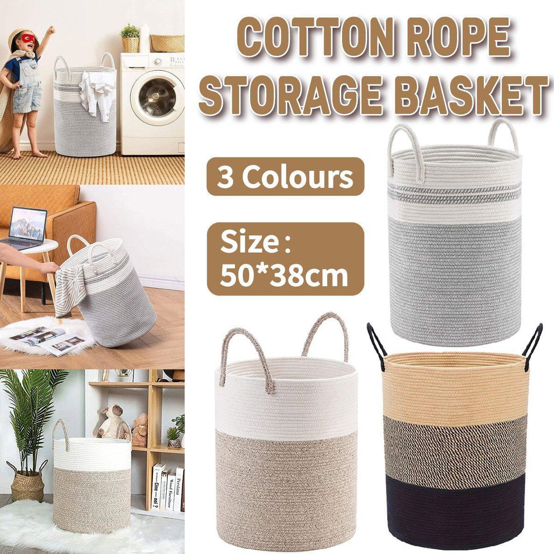 Woven Cotton Rope Storage Basket Foldable Laundry Bin Bamboo Clothes Organizer - White Brown