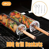 2PCS Rolling BBQ Cage Rotisserie Basket Tube Grill BBQ Cooking Accessories