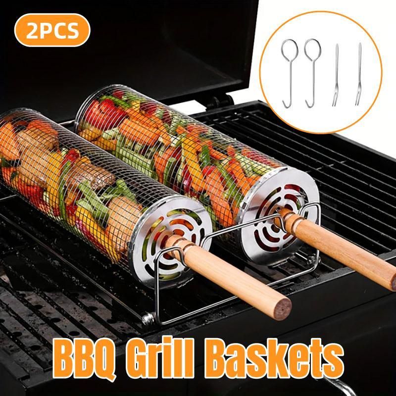 2PCS Rolling BBQ Cage Rotisserie Basket Tube Grill BBQ Cooking Accessories
