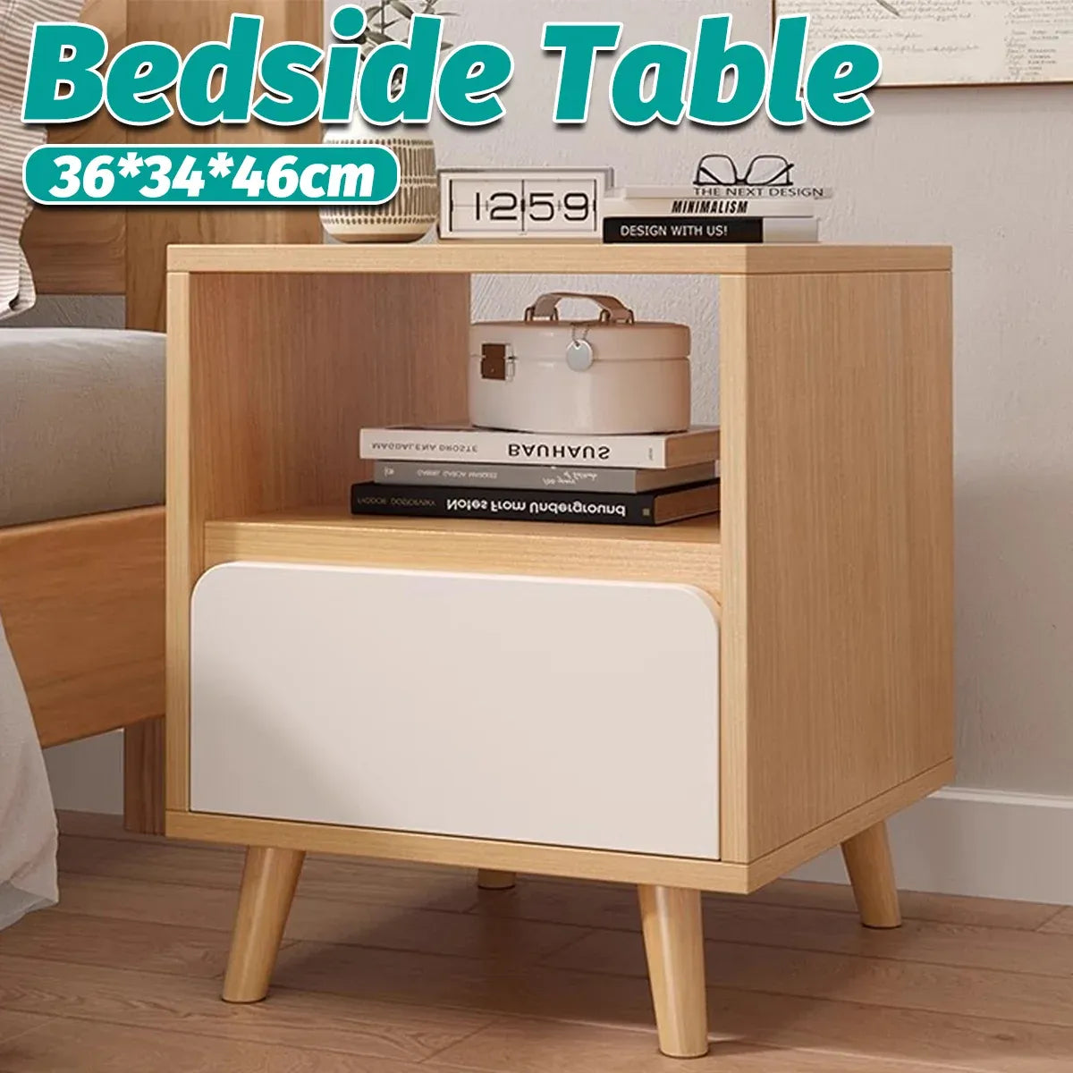 Bedside Table with Drawers Nightstand Wood End Table Bedroom Storage Space Saving